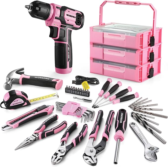 WORKPRO Pink Cordless Drill Driver with Toolbox, 8V Lithium-ion Power Drill and Bits, 2.0 Ah Portable Electric Screwdriver Home Tool Set with Stackable Pink Ribbon Tool Box
