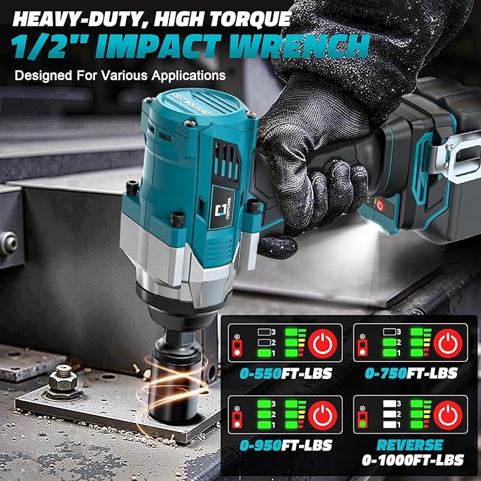 Cordless Impact Wrench 1/2 inch Compatible with Makita 18V Battery Brushless High Torque Impact Driver Gun with 1000 Ft-lbs Torque, LED Work Light, Ergonomic Design for Heavy-Duty