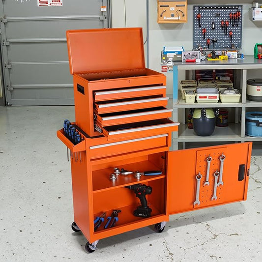 Tool Chest 5 Drawers Garage Storage Cabinet 2 in 1 Steel Frame Tool Chest with Wheels, Protective Liner, Detachable Top and Adjustable Shelf, Tool Box for Garage Workshop, Orange