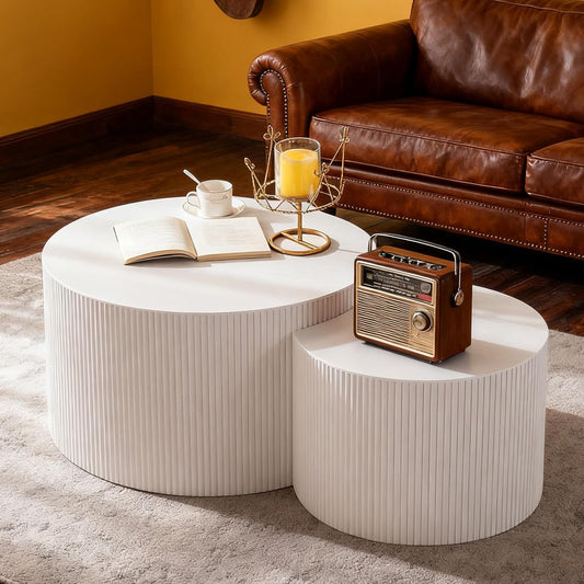 Round Nesting Coffee Table Modern Fluted Coffee Table Set of 2 Circle Drum Coffee Tables Small Round Accent Side End Table for Living Room No Assembly (White B 27in)