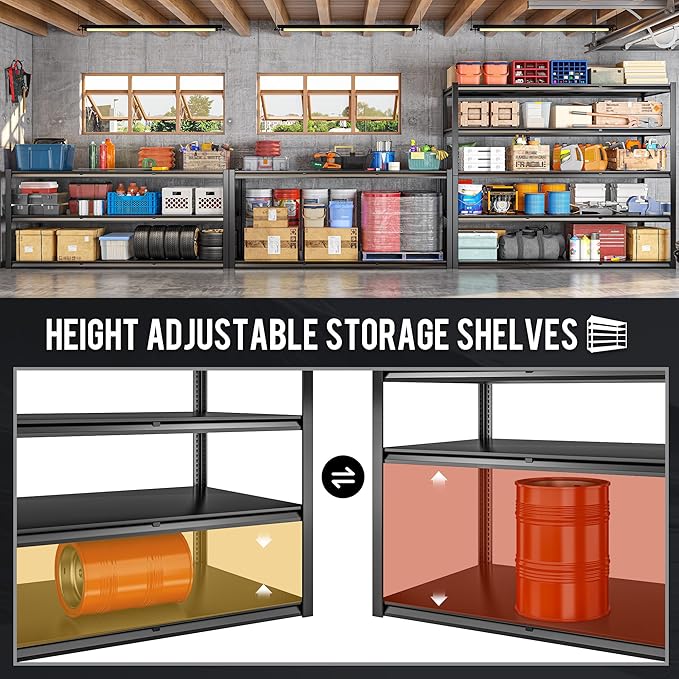 59.8" W x 72.2" H x 24.2" D Metal Storage Shelves, 3000LBS Garage Shelving Unit with Adjustable Shelf, 5 Tier Storage Rack for Garage, Pantry, Warehouse, Basement, Black, 2 Pack