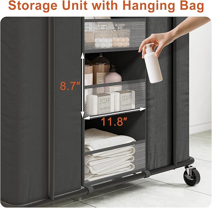 WOWLIVE Laundry Sorter 2 Section 200L Rolling Laundry Hamper with Hanging and Removable Bags Laundry Cart with Steel Frame and Storage Unit Large Basket Organizer for Dorm Room, Bathroom (Black)