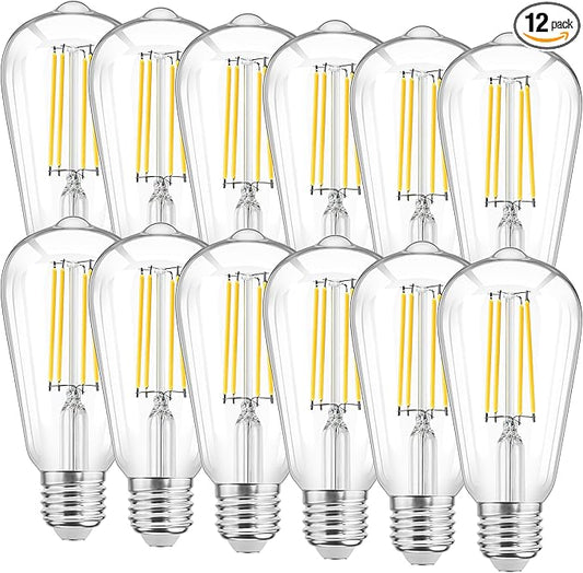 12 Pack LED Edison Light Bulbs, Vintage 6W LED Bulbs, St58 4000K Daylight Soft White, Bright LED Filament Bulbs with CRI 85+, E26 Standard Base, 900LUM, Non-Dimmable, Clear Glass