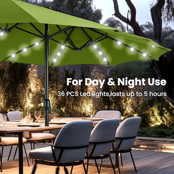 PHI VILLA 15 ft Umbrella Outdoor Patio Solar Lights with Base, Outdoor Double-Sided Large Market Rectangle Umbrellas with 36 LED Lights, Lime Green