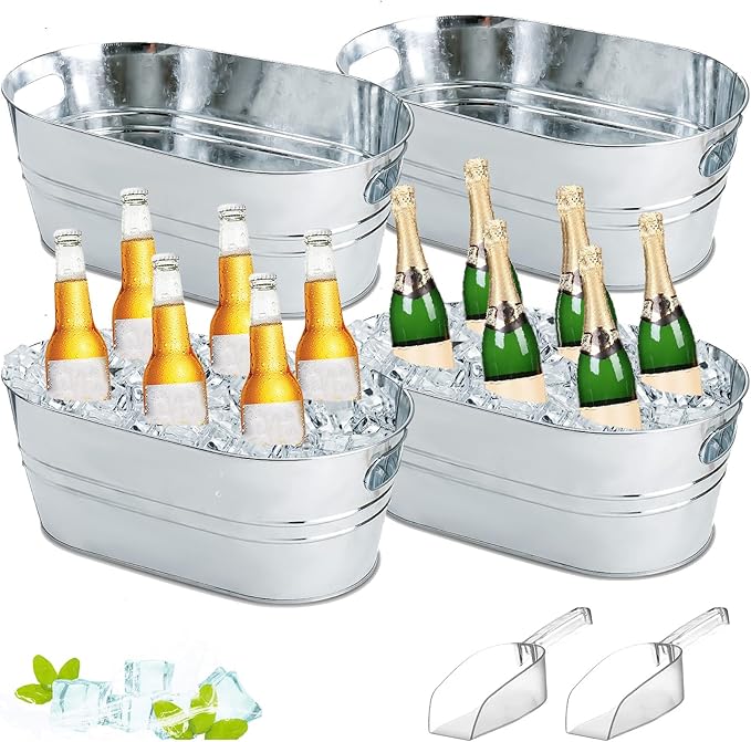 4Pcs Ice Buckets for Parties, 4 Gallon Small Metal Bucket Galvanized Ice Tub Stainless Steel Beverage Drink Buckets Bulk with 2Pcs Ice Scoops, Each for 5-6 Bottles of Beer Wine Champagne
