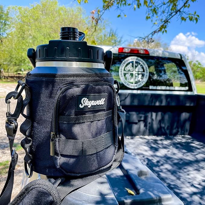 SkyWell 1 Gallon Insulated Water Bottle with Handle and Wide Mouth Water Flask Sweat-Proof and Leak-Proof 128 Oz Stainless Steel Water Jug for Outdoors, Black