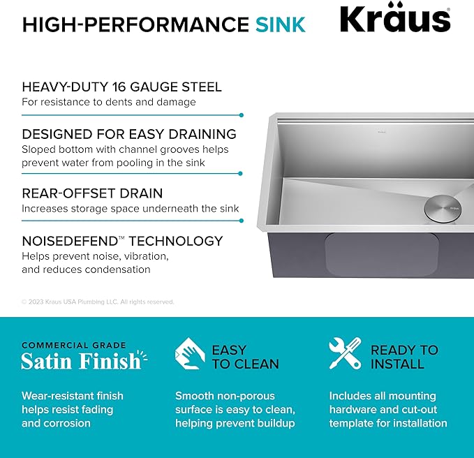KRAUS Kore 27-Inch Undermount Workstation 16 Gauge Single Bowl Stainless Steel Kitchen Sink with Accessories, KWU110-27