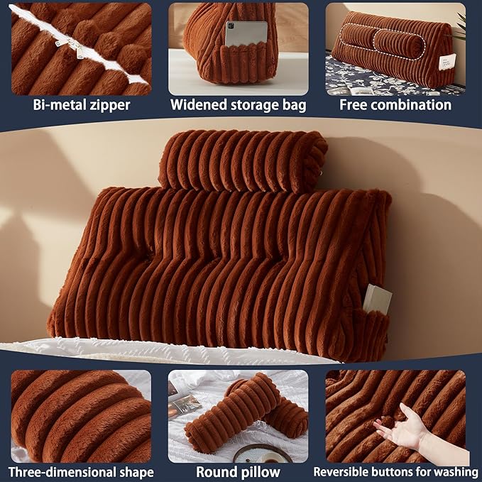 Faux Fur Headboard Pillow with 2 Pack Neck Roll Pillow Large Headboard Pillow Soft and Supportive with Removable Cover (Brown, Twin)