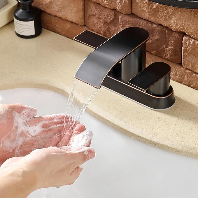 Waterfall Bathroom Sink Faucet 4 Inch Faucet 2 Handle Lead-Free Oil Rubbed Bronze, Bathroom Faucets with Pop Up Drain, 2 or 3 Holes Bathrooms Basin Lavatory Mixer Tap with Deck Mount Plate