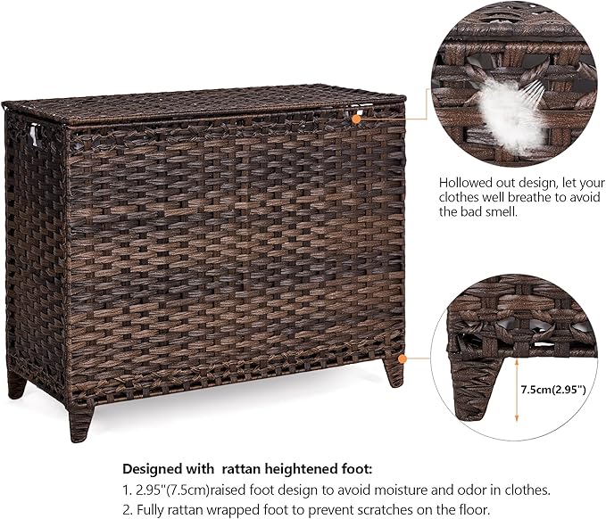 Laundry Hamper with 4 Removable Liner Bags; 176L Handwoven Rattan Laundry Basket with Lid & Heightened Feet; Clothes Hamper with Side Handles (Brown)