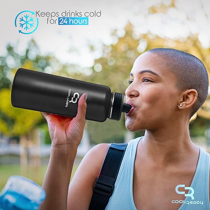 40oz Stainless Metal Black Water Bottle with Straw - Handle Lid, Thermos Coffee Travel Lid and Chug Lid - Double Walled Steel Sports Bottle - Work Out Bottle – Leak Proof -