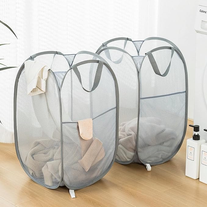 Collapsible Mesh Laundry Basket，Pop Up Laundry Hamper-Easy Storage, Ideal for Home and Travel Use (2 light gray)