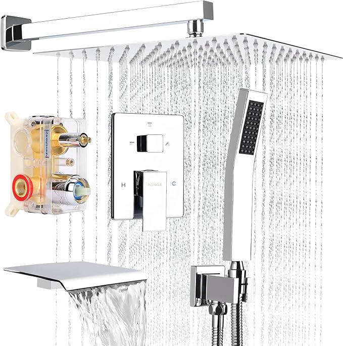12 Inch Rainfall Shower System with Tub Spout Wall Mounted Complete Combo with Solid Brass Pressure Balancing Valve, High Pressure Shower Head, Handle Set & Installation Accessories Chrome