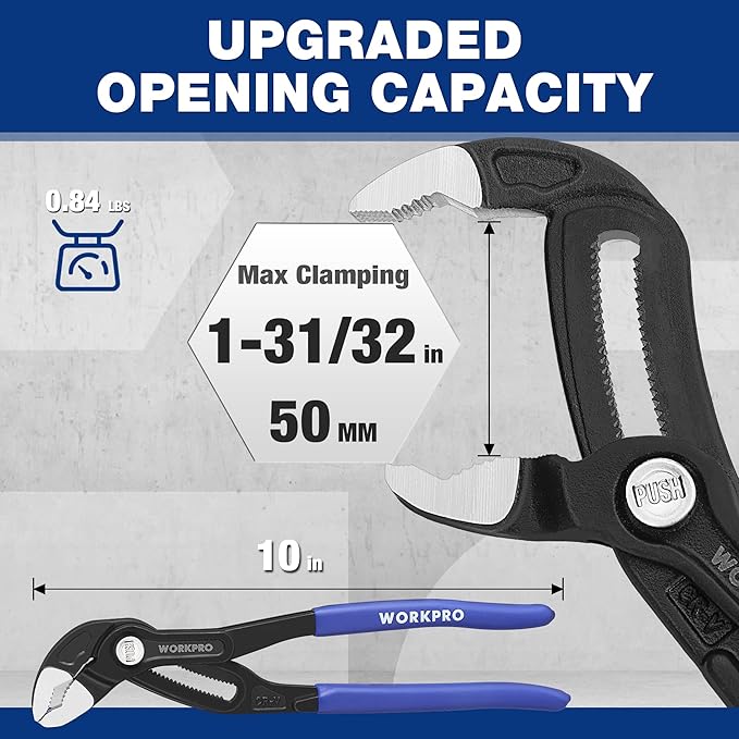 WORKPRO Slip Joint Pliers, 10" Quick Adjustable Pliers, Upgraded 50mm Wide Opening Water Pump Plier, V-Jaw Groove Joint Plier for Home and Industrial Repair, CR-V Steel, Dual Serrated, Soft Grip