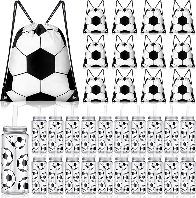 40 Pcs Soccer Party Favors 20 Pack Soccer Cups with Lid and Straw 14.2 oz Reusable Tumbler Clear Plastic Drinking Cups with 20 Pack Drawstring Bag for Birthday School Sport Decorations