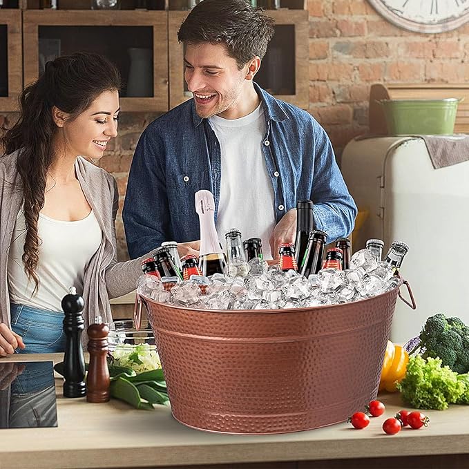 Large Ice Buckets with Handles for Parties, IKAYAS Beverage Tub Rose Copper Stainless-Steel Ice Tub with Scoop and Tongs for Cocktail Bar Mimosa Bar Supplies