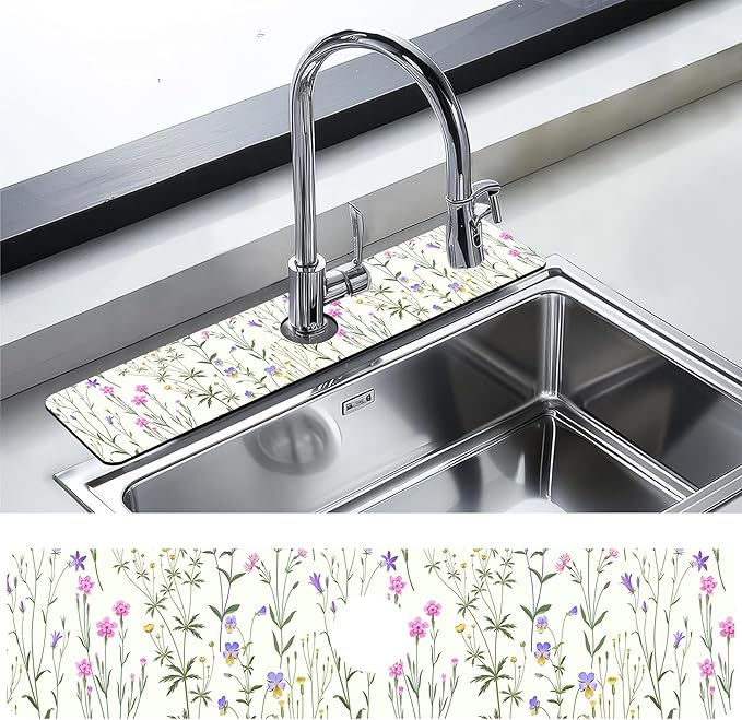 Kitchen Faucet Mat Meadow Flowers Kitchen Sink Splash Guard Faucet Mat,1 PC Splash Guard Behind Faucet Drip Catcher for Kitchen,Sink Mat,Dish Drying Mat,Bathroom Faucet Mat 23.5""X5.5""