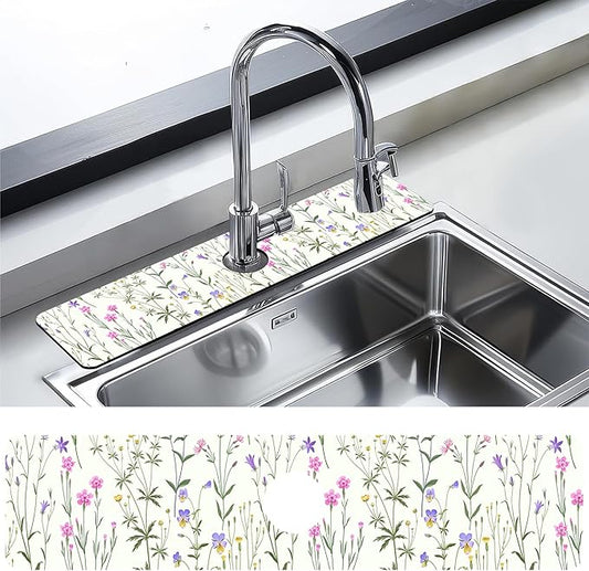 Kitchen Faucet Mat Meadow Flowers Kitchen Sink Splash Guard Faucet Mat,1 PC Splash Guard Behind Faucet Drip Catcher for Kitchen,Sink Mat,Dish Drying Mat,Bathroom Faucet Mat 23.5""X5.5""