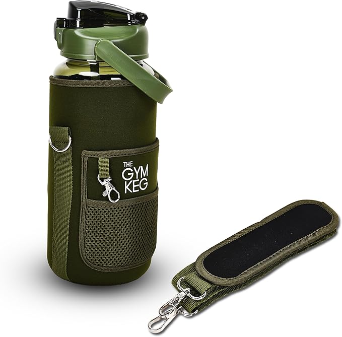 THE GYM KEG Water Bottle with Carrier - Sweat-Proof and Durable Silicon Bottle with Neoprene Sleeve - 74 oz Capacity - Hands-Free Storage Pockets - Water Bottle with Sleeve and Strap - Forest Green