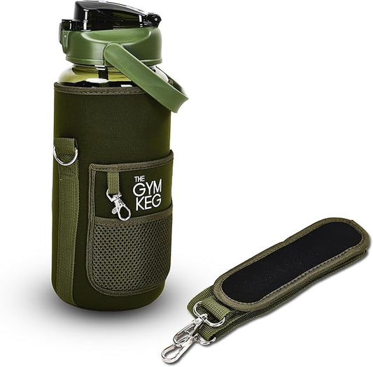 THE GYM KEG Water Bottle with Carrier - Sweat-Proof and Durable Silicon Bottle with Neoprene Sleeve - 74 oz Capacity - Hands-Free Storage Pockets - Water Bottle with Sleeve and Strap - Forest Green