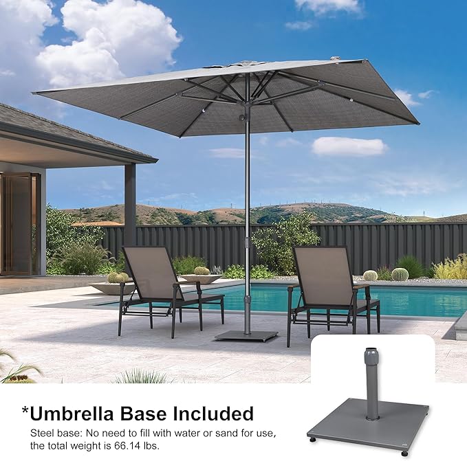 PURPLE LEAF 10 X 10 FT Semi-Auto Outdoor Patio Umbrella with Base Market Table Sun Umbrellas with 8 Aluminum Sturdy Ribs for Backyard Deck Garden Pool (Gray Pole Gray Canopy)