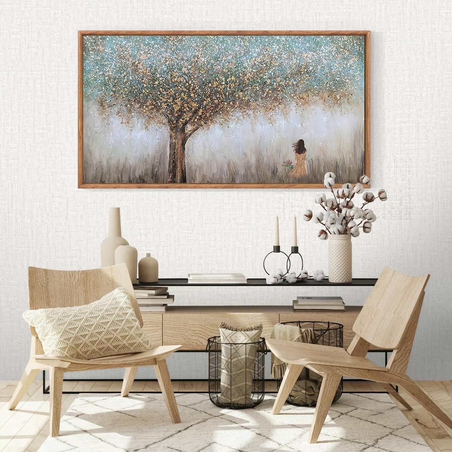 Aurlan Tree of Life Hand Painted Framed Wall Decor(40"x20"), Large Abstract Girl under Tree Oil Painting Canvas Artwork, Modern Nature Landscape Art for Office Living Room Bedroom