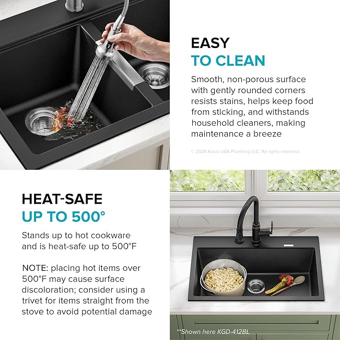 KRAUS Quarza 33-inch Drop-In/Undermount 50/50 Double Bowl Granite Kitchen Sink in Black Onyx, KGD-433B