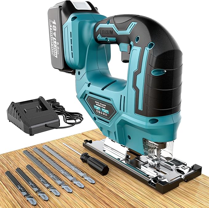 Jigsaw Compatible With Makita 18V Battery, Cordless jig saw tool, 0°- 45° Bevel Cuts, LED Light with 3 Position Orbital Setting for Cutting (With 5Ah Battery & Charger Station Kit)