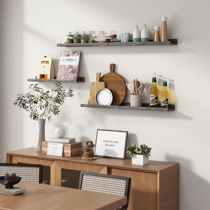 Picture Ledge Wall Shelves - Set of 3, 16 Inch Width, Solid Pine Wood Rustic Floating Ledge Shelves for Kids' Room, Bedroom, Kitchen, Bathroom, Living Room, Nursery Display Decor, Grey