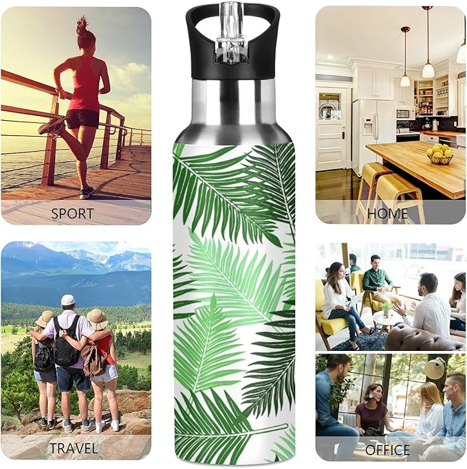 Qilmy Black and White Leopard Water Bottle Vacuum Insulated Stainless Steel Water Bottles with Straw Lid Leakproof Wide Mouth Water Flask for Fitness Outdoor Sports, 20 oz