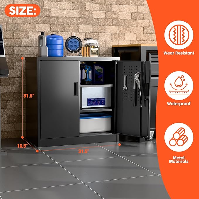 Metal Storage Cabinets with Pegboards and Hooks, 31.5" H Metal Garage Cabinets with Locking Doors and 2 Adjustable Shelves for Home,Office,Garage,School,Assembly Required,Black