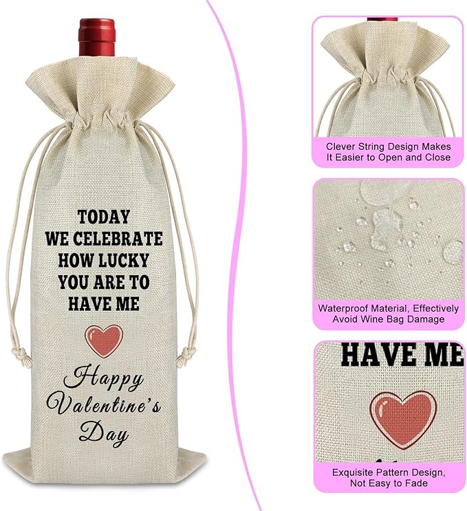 Gfhzdmf Valentine's Day Gift for Wife Husband Wine Bag Happy Valentine's Day Giift for Women Men Drawstring Wine Wrap Bag Proposal Anniversary Wedding Gift Reusable Burlap Wine Bottle Cover
