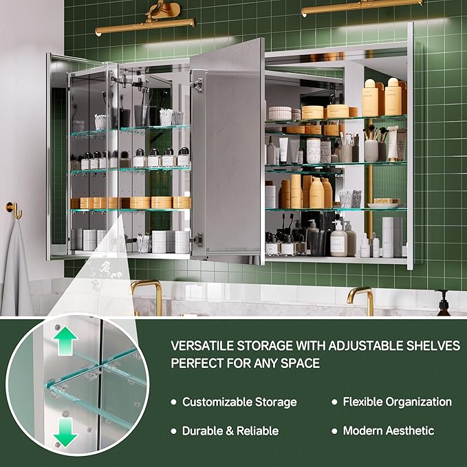48''×30'' Bathroom Medicine Cabinet with Mirror, Storage Cabinet Vanity Mirror, Blum Hinges, Recessed/Surface Mount, Adjustable Glass Shelves