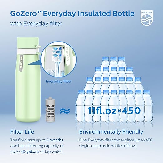 PHILIPS Filtered Water Bottle, Insulated Stainless Steel Water Purifier Bottle for Daily Life & Travel, BPA Free with GoZero Everyday Filter for Cleaner Tastier Tap Water, Keeps Cold, 18.6 oz Green