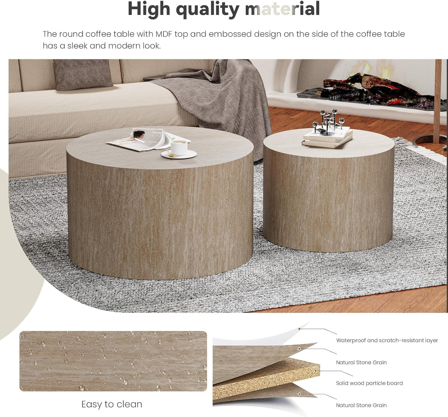 Round Nesting Coffee Table, Drum Wood Coffee Table Set of 2 Travertine-Color, Modern Nesting Tables Circle Center Table 2 Piece for Small Spaces Living Room Bedroom Balcony Office, No Assembling