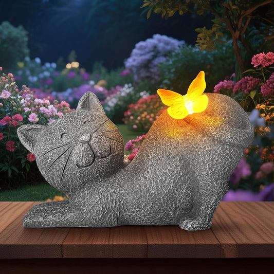 Cute Solar Cat Garden Statue with Lighted Butterfly, Outdoor Waterproof Resin Cat Figurine for Yard Lawn Patio Porch, Solar Powered Garden Decor and Gift for Cats Lovers