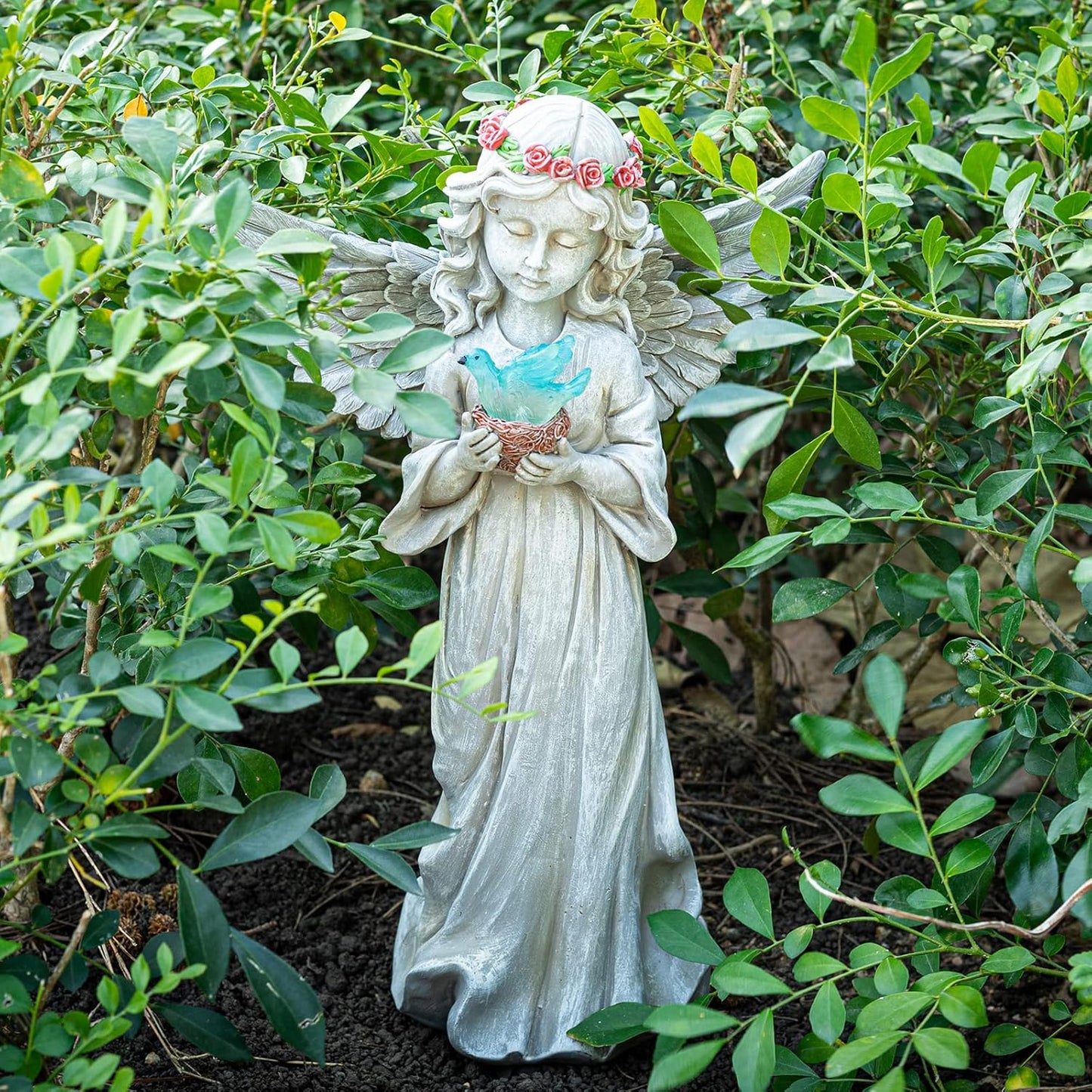 Angel Garden Statue Outdoor Decor, Angel Garden Figurine Hold Dove with Solar Lights Waterproof Resin Yard Art Decoration Lawn Ornament Sculpture for Outside Patio Yard Gift