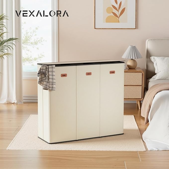 185L Laundry Hamper 3 Section, Laundry Hamper with Lid, Dirty Clothes Hamper with 3 Removable Washing Bags, Extra Large Laundry Basket Organizer for Bedroom, Laundry Room, Dorm - Beige