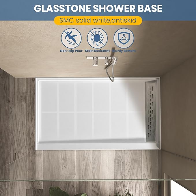 Shower Base Pan in White Right Linear Drainer, Rectangular Shower Base 48"×36"×4" with Non-Slip Floor Panel and Stainless Steel Shower Drain Cover