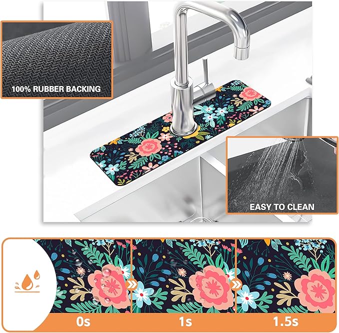 Kitchen Faucet Mat Bright Colorful Flowers Kitchen Sink Splash Guard Faucet Mat,1 PC Splash Guard Behind Faucet Drip Catcher for Kitchen,Dish Drying Mat,Bathroom Faucet Mat 15.5""X5.5""