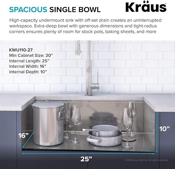 KRAUS Kore Workstation 27-inch Undermount 16 Gauge Stainless Kitchen Sink, Single Bowl Kitchen Sink with 3/4 HP Garbage Disposal, KWU110-27-100-75MB