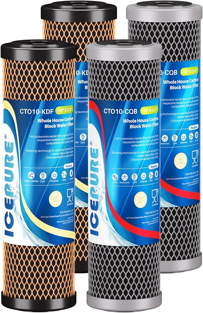 ICEPURE 2.5" x 10" Whole House Water Filter Combo Kit, KDF Filter Cartridge and Upgraded Coconut Shell Activated Carbon Lead Remove Filter Replacement for 10 Inch Water Filter System, 2 PACK