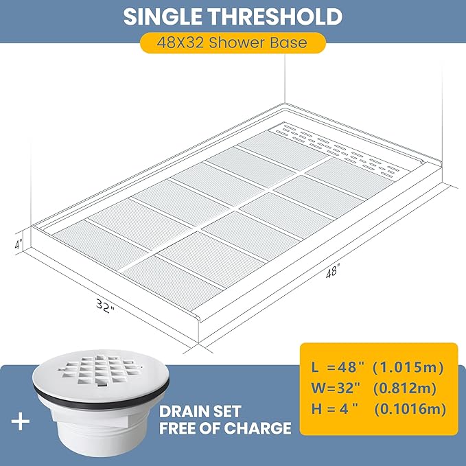 Shower Base Pan in White Right Linear Drainer, Rectangular Shower Base 48"×32"×4" with Non-Slip Floor Panel and Stainless Steel Shower Drain Cover