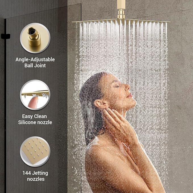 Brushed Gold Shower System with 4 PCS Shower Body Spray Jets & 12’’ Ceiling Shower Head & Handheld Spray, DASAN Full Body Shower Faucet System with Jets Rainfall Shower Combo Set, SA-SS03BBG-S12C