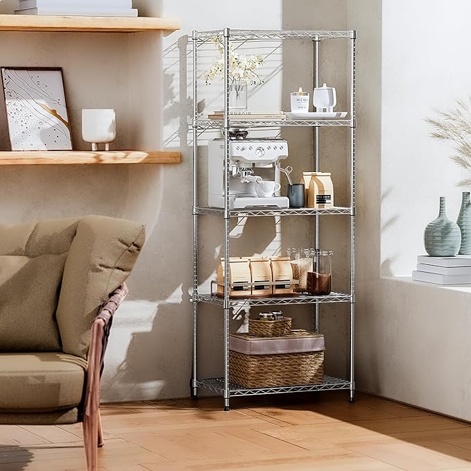 IZEUK 5-Tier Chrome Metal Storage Shelves, Adjustable Wire Shelving Unit for Kitchen, Bathroom, Pantry, Office, Garage, Organizer Wire Rack, 1250 lbs, 13.7" D x 23.6" W x 53.4" H
