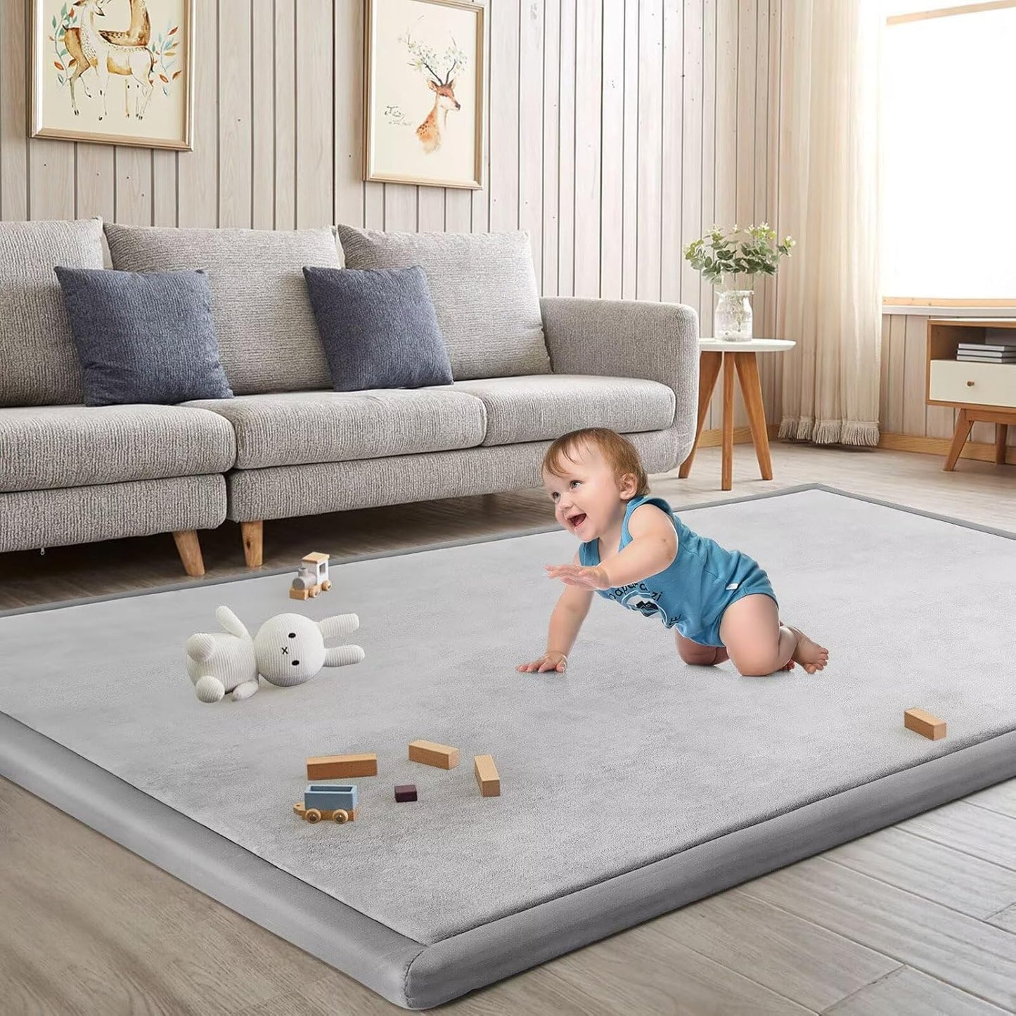 Baby Play Mat for Floor Tummy Time Mat Nursery Rug Muscle Mat Area Rug Playroom Rug Tatami Mat 6'7"x5'11" Memory Foam 1.3" Thick Crawling Mat for Babies,Toddlers, Infants, Kids(Light Gray)