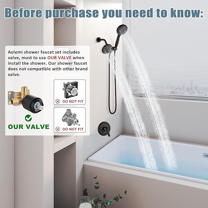 Aolemi Shower Faucet Set Rain Shower Head System Shower Trim Kit Pressure Rough-in Valve Included ABS 8 Setting Dual Shower Head and Handheld Spray Matte Black