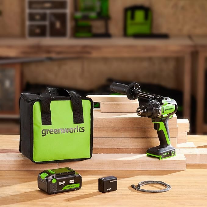 Greenworks 24V Cordless Brushless 800 in-lbs Drill/Driver, Professional Grade,21 Clutch, 4.0Ah USB-C Battery (24,000mAh Power Bank),65W USB-C Fast Charger(3-Port) and USB C to USB C Cable(3.3FT)