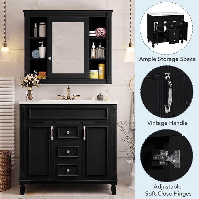 Merax 36" Bathroom Vanity with Sink, 36 inch Bathroom Vanity Storage Cabinet with Matching Mirror Medicine Cabinet, Ceramic Sink Top, Solid Wood Frame, Painted
