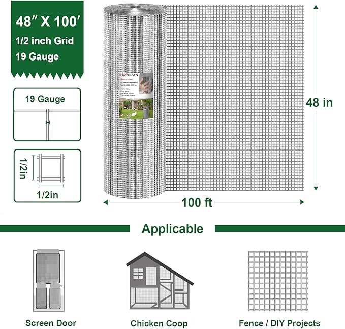 HOPERAN Hardware Cloth 1/2 inch 48 x 100 Ft Mesh 19 Gauge Chicken Wire Fencing - Hot Dipped Galvanized After Welded - Wire Fence Mesh Roll for Garden Fencing Chicken Coop & Pet Enclosures